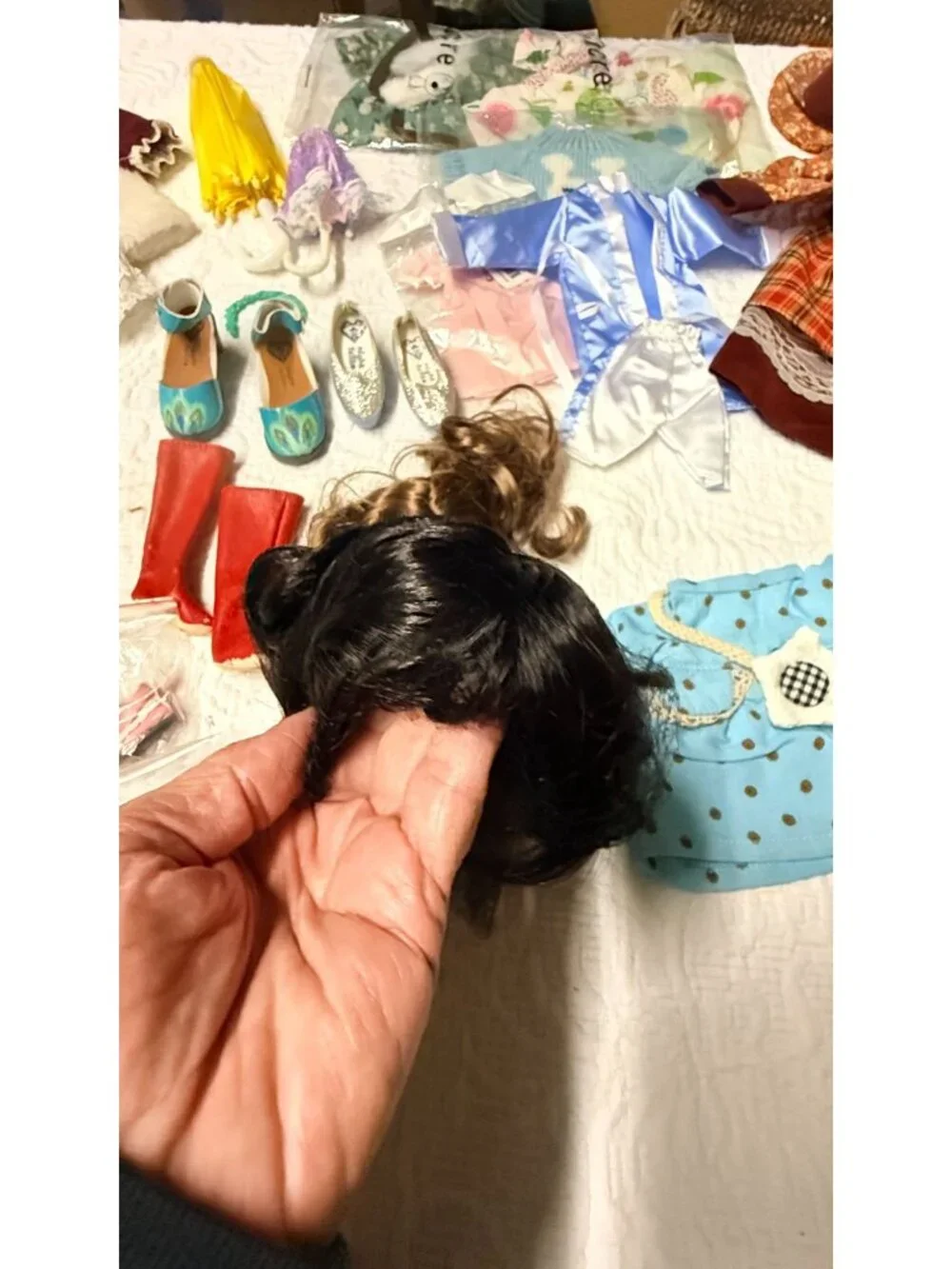 Vintage Doll Bear Clothing Accessories Wig Shoe Lot Various Sizes See Pics